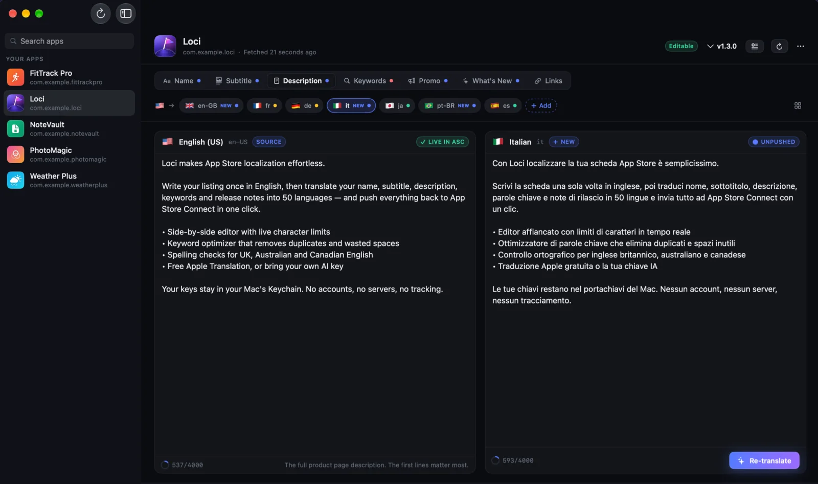 Loci's side-by-side editor showing an English App Store description and its Italian translation