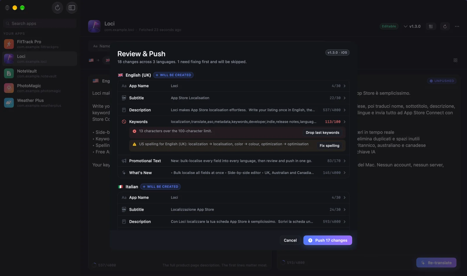Review & Push sheet flagging a keyword field over the 100-character limit and US spelling in English (UK)