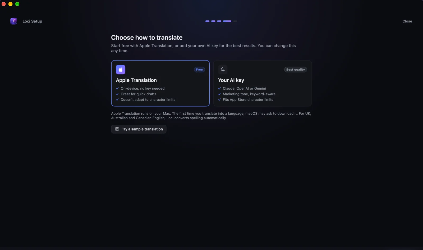 Choosing between free on-device Apple Translation and your own Claude, OpenAI or Gemini API key